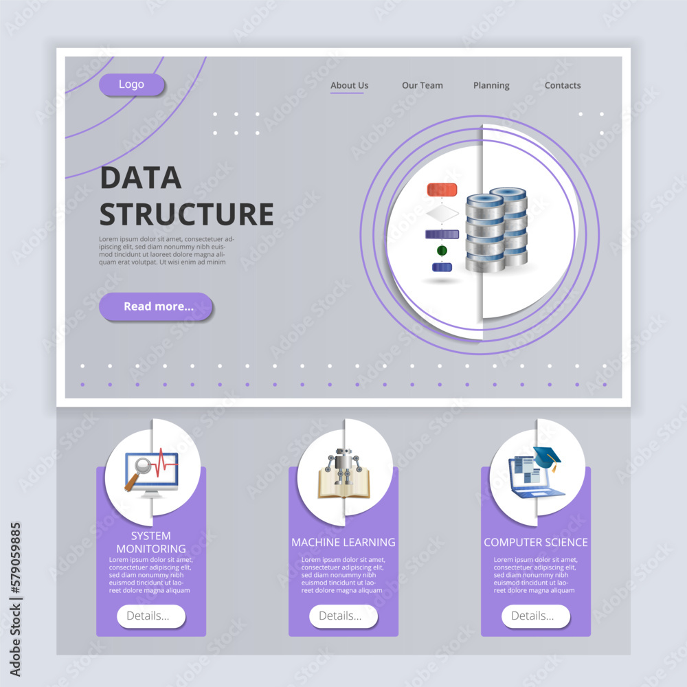 Data structure flat landing page website template. System monitoring, machine learning, computer science. Web banner with header, content and footer. Vector illustration. Data structure flat landing page website template. System monitoring, machine learning, computer science. Web banner with header, content and footer. Vector illustration.