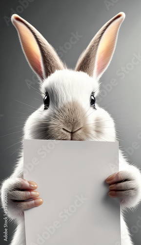 Süßer Hase mit einem leeren Blatt Papier in den Pfoten (Generative AI)