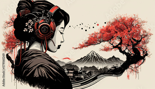 Classical Japanese Illustration of a Geisha Using a Headphones. Generative AI photo