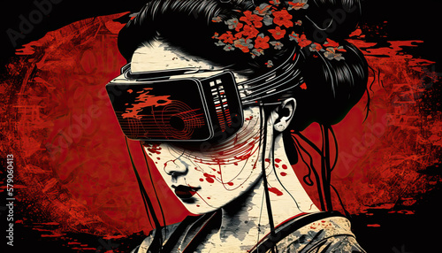 Classical Japanese Illustration of a Geisha Using a VR Glasses. Generative AI photo