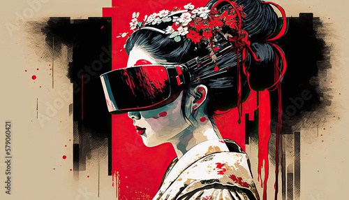 Classical Japanese Illustration of a Geisha Using a VR Glasses. Generative AI photo