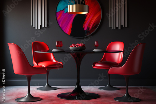 chairs and table black round table and colorful carmine red crimson chairs, empty wall blank , Generative AI	 photo