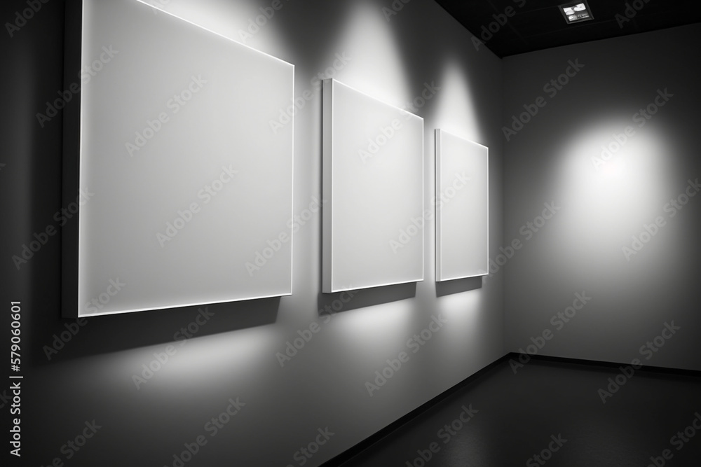 blank white square canvasses on the walls of an art gallery. dramatic lighting, Generative AI blank white square canvasses on the walls of an art gallery. dramatic lighting, Generative AI