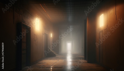 Dark factory hallway illuminated light background. Generative AI technology.