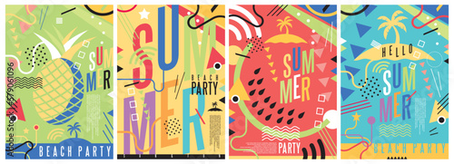 Summer banner design set with colorful design elements. Beach summer party invitation with palm tree, watermelon, pineapple and funky typography. Vector posters illustration.
