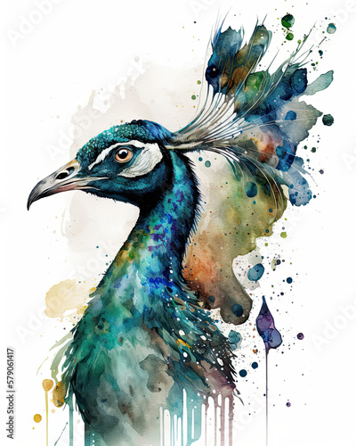 Peacock with feathers on a white background. Generative AI