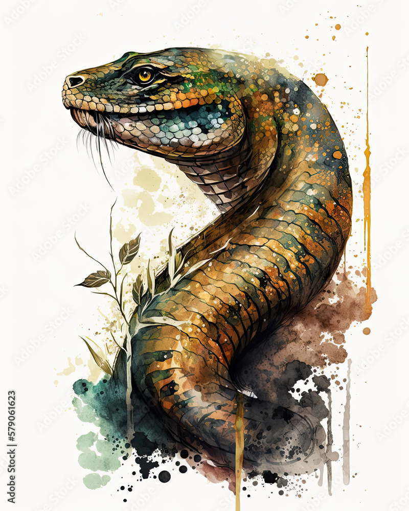 Watercolor drawing picturing a snake, Generative AI Watercolor drawing picturing a snake, Generative AI