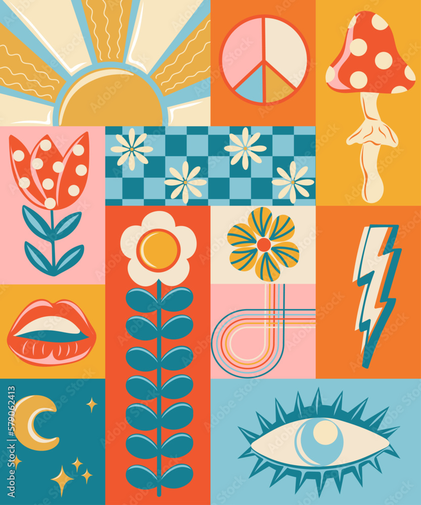 Abstract retro aesthetic poster with groovy daisy flowers, sun, eyes