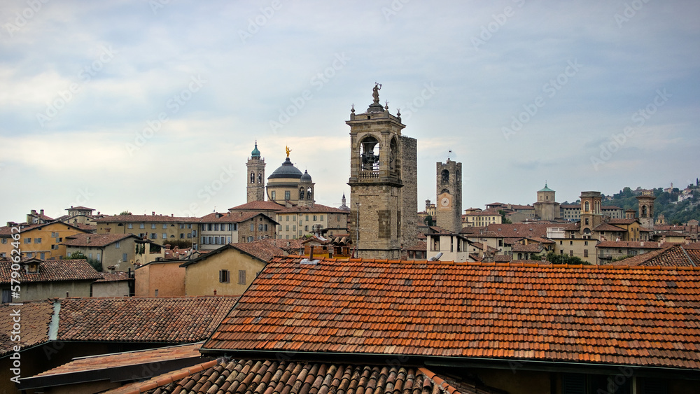 View over the historical upper city of Bergamo