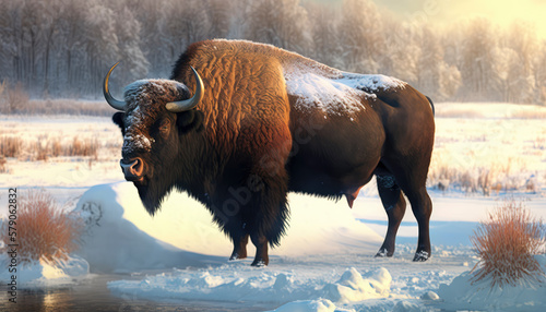 AI Generated illustration large bison bull covered with snow in winter landscape