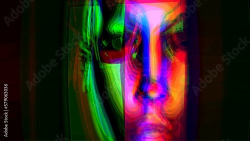 Portrait of a cyberpunk girl transforming into pixel and glitch animation. Noise video art.