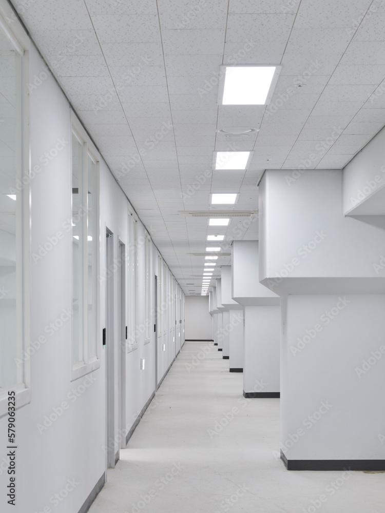 Obraz premium White Corridor with Ceiling Lights, Clean Minimal Office Interior