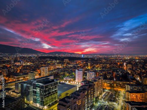 Sofia (Bulgaria) nightly HDR cityscape with a colorful sky just after sunset