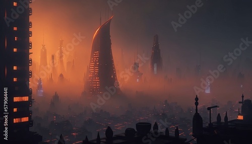 Fotografiet Foggy futuristic cityscape at illuminated melancholic night background