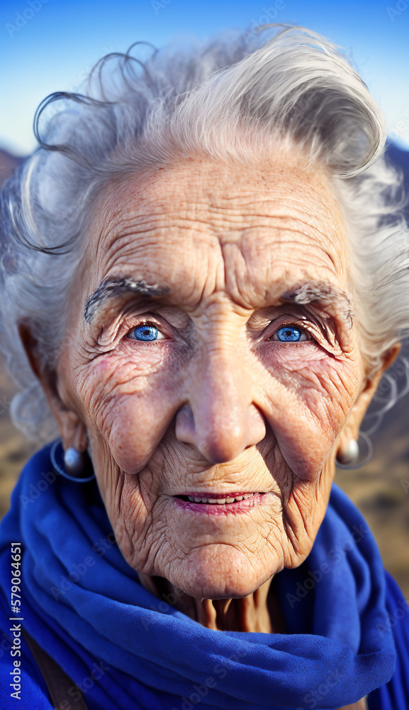 Close-up portrait of an older woman with white hair and blue eyes - Ai Generative