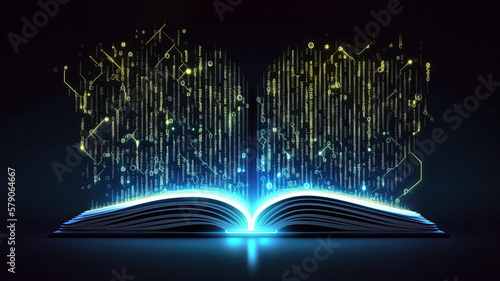 Electronic e book reading for study new skills, development of imagination, opened blue neon glowing e book with symbols, paperless book reading concept. Opened eBook for learning, generative AI photo