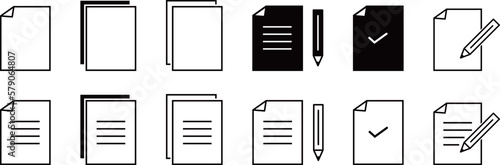モノクロの書類とペンのアイコンセット