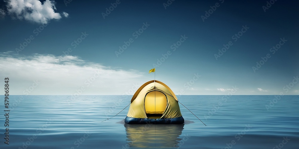 Fototapeta premium une tente de camping flotte sur la mer bleu, ciel bleu - generative ai