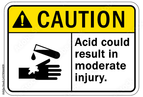 Acid chemical warning sign and labels acid could result in moderate injury