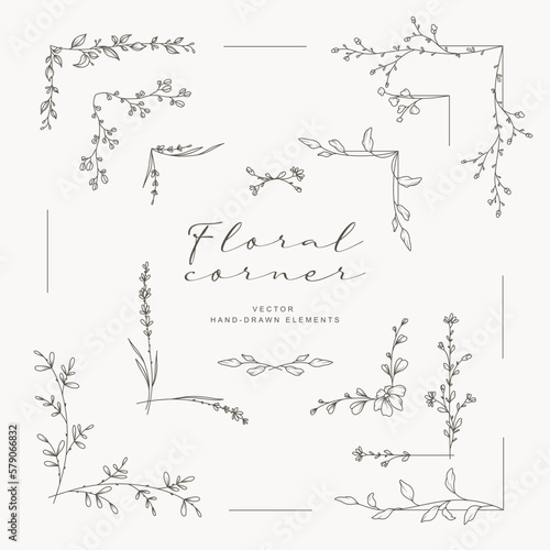 Hand drawn vintage floral corners. Trendy greenery elements for frame in line art style. Vector illustration for label, corporate identity, wedding invitation, card