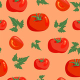 Tomato with leaves vector seamless pattern. Endless texture for kitchen wallpaper, textile, fabric, paper. Food background. Flat vegetables. Vegan, farm, natural