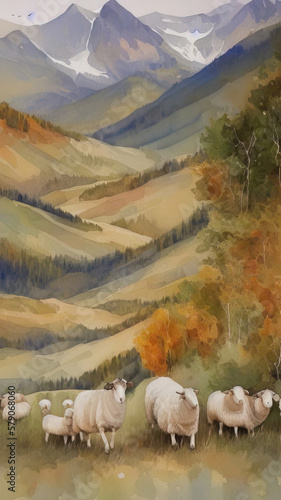 Watercolor mountain autumn pasture landscape with sheep. Panorama. Generative AI.