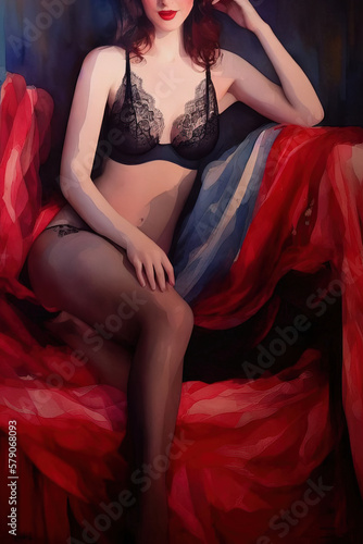 Watercolor drawing of an elegant  slim  sexy girl in lingerie. Generative AI.