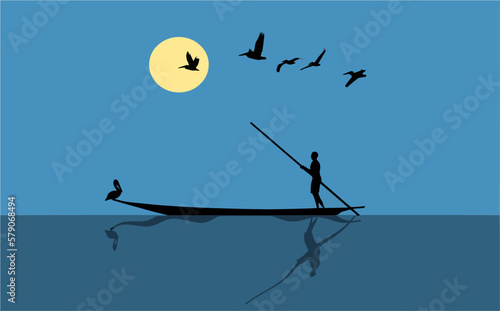 A man moves a longboat across calm ocean watersat sunset  as pelicans fly over and one bird sits on the boat.