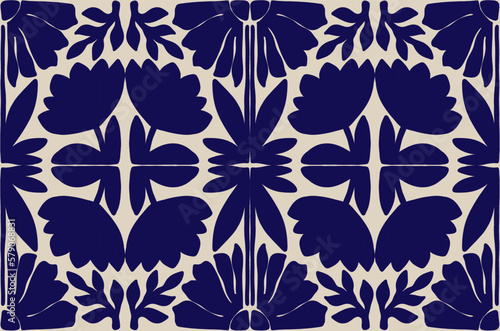 Modern hand drawn blue flowers ornament seamless pattern