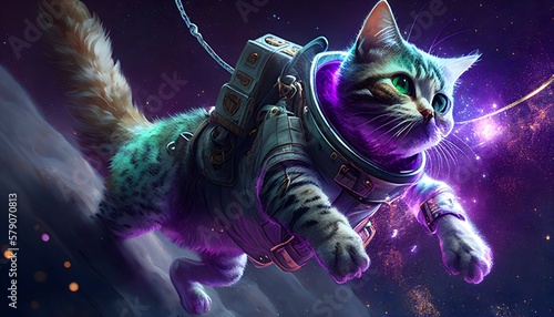 cute cat flying in space  closeup  ai generated