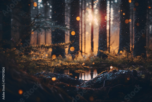 Muscular Forest, with sparkling crisp radiant reflections, sunset in the forest, © Ameer