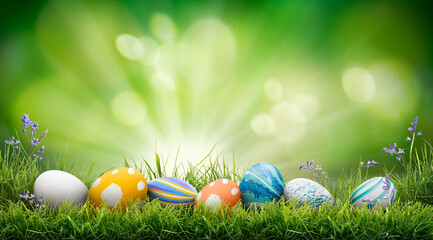 A collection of painted easter eggs celebrating a Happy Easter on a spring day with green grass meadow background with copy space.