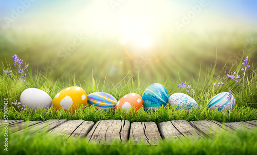 Obraz na płótnie A collection of painted easter eggs celebrating a Happy Easter on a spring day with green grass meadow background with copy space and a rustic woodern bench to display products. w salonie
