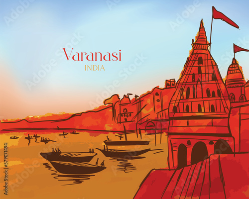 Varanasi City in Uttar Pradesh, India. Watercolor with Hand drawn sketch illustration in vector.