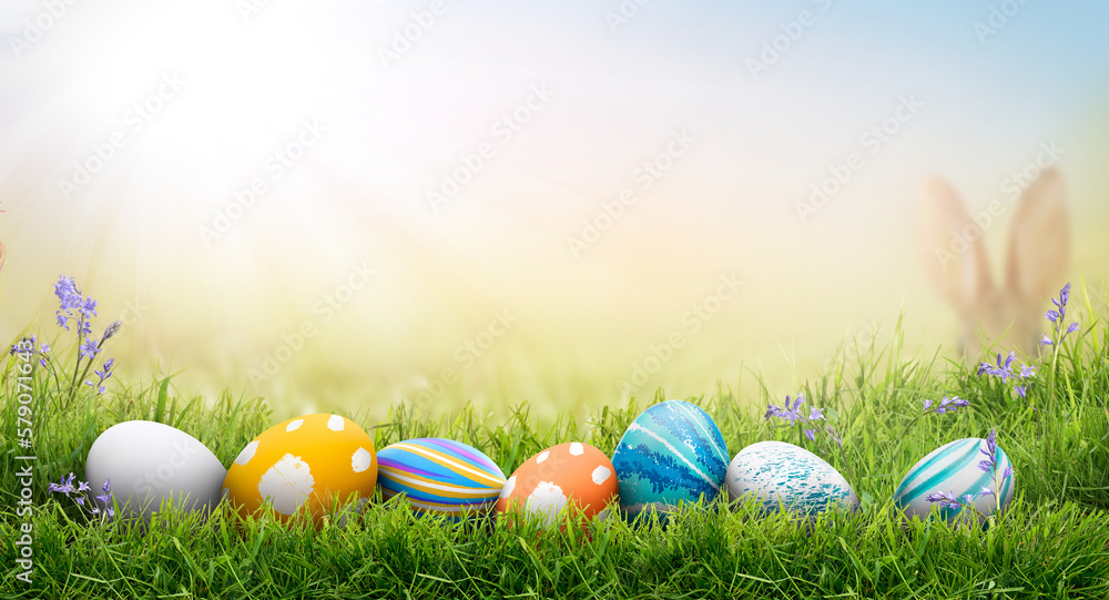 A collection of painted easter eggs celebrating a Happy Easter on a spring day with green grass meadow background with copy space.