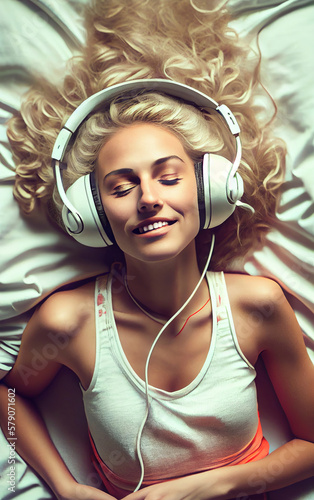 A beautiful blonde gets pleasure from listening to music. A beautiful woman in studio headphones relaxes in a cozy atmosphere. AI.