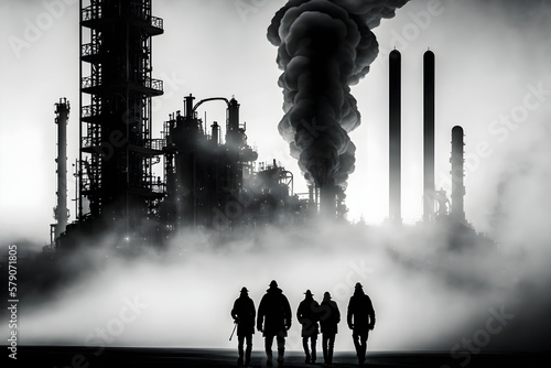 Ai Generative. Oil business industry concept. Group of workers in front of oil factory in smoke fog photo