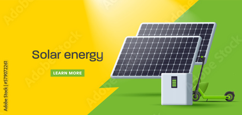 Solar panel and battery storage collector with electro scooter, urban power sustainability energy banner