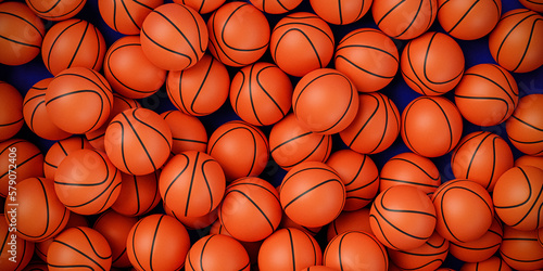 Basketball 3d background, 3d render 2023  of many orange basketball balls lying in an endless pile seen from the top