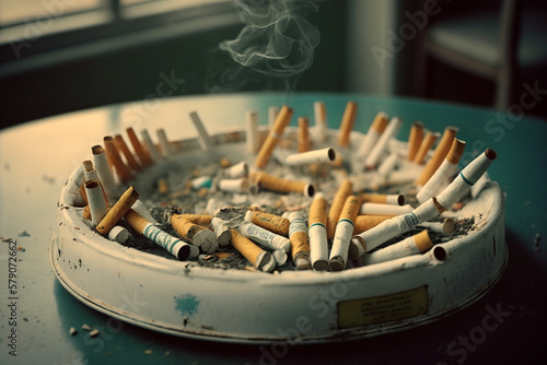 Anti smoking campaign, old ashtray filled with lots of cigarette butts, Generative AI