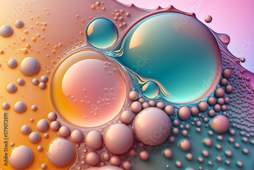 3Dレンダリング、気泡のある抽象的な背景、きらめく水滴のマクロ、水分補給のゼリー玉GenerativeAI
