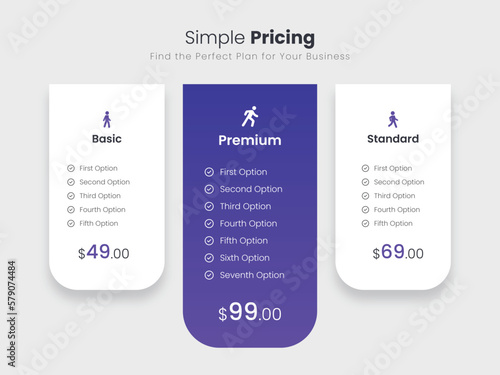 Modern pricing or subscription plan for website or app template, elements vector, basic, premium, standard simple pricing table