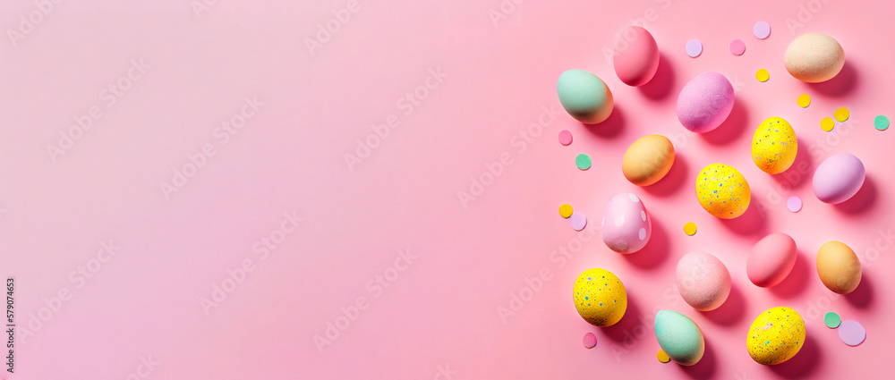 Easter eggs on a pink background. Multicolored eggs. Generative AI.