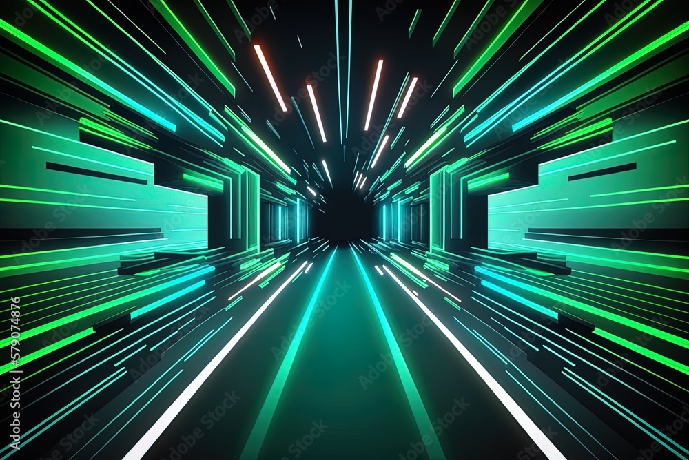 Flashing green and blue lines illuminate the hallway as a snapshot of a