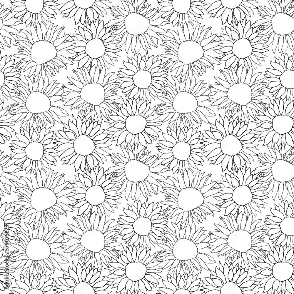 Sunflower head flower seamless pattern for textile or surface. Black and white vector background