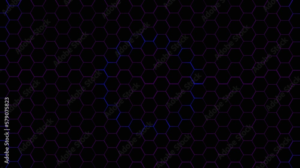 The abstract background moves towards the center of neon blue circles behind black hexagons. The abstract background moves towards the center of neon blue circles behind black hexagons.