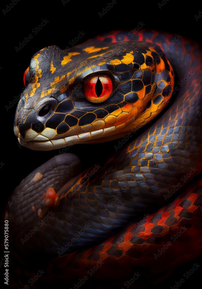 Fototapeta premium Dangerous poisonous snake with red eyes. Generated AI dark illustration of an exotic snake.