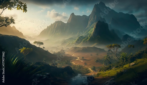 Amazing landscape, mountains and river in the light of sunrise. Generative AI.