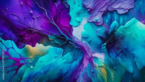 Alcohol ink painting, abstract background. Modern fluid art in blue tones. Generative AI illustration.