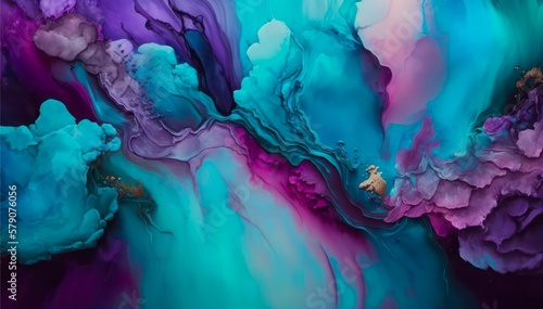 Alcohol ink painting, abstract background. Modern fluid art in blue tones. Generative AI illustration.